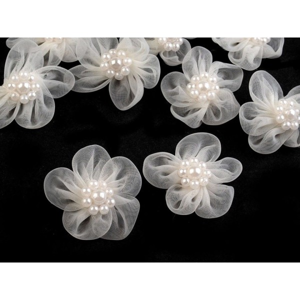 10pc Crémeux Lumière Fleur en Organza Ø30mm Avec des Imitations de Perles, d'Autres Fleurs À Coudre - Photo n°2