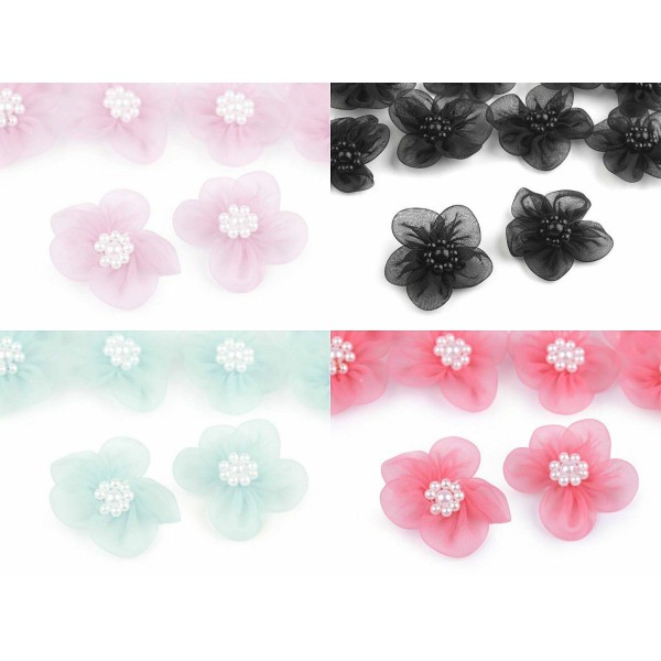 10pc Rose clair Organza Fleur Ø30mm Avec des Imitations de Perles, d'Autres Fleurs À Coudre de la Co - Photo n°5