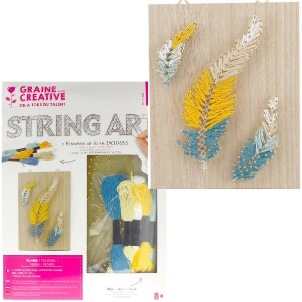 Kit Tableau string art Plumes Rectangle brut, clous et fils, dim. 20 x 30 x 0.9 cm, à suspendre - Photo n°1