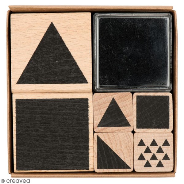 Set tampons géométriques - Carrés et triangles - 6 tampons et 1 encreur - Photo n°1