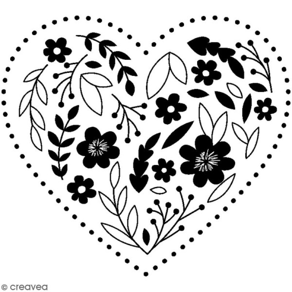 Tampon bois Mariage - Grand coeur brodé à fleurs - 7,5 x 6,2 cm - Photo n°1