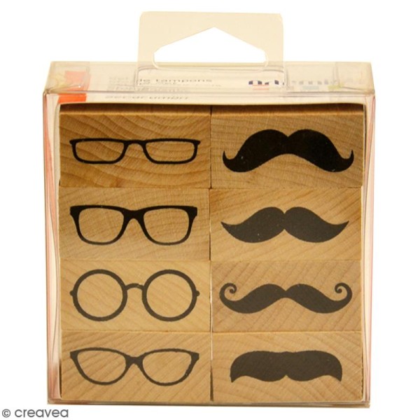 Set tampon bois - Moustaches et lunettes - 4 x 1,8 cm - 8 pcs - Photo n°1