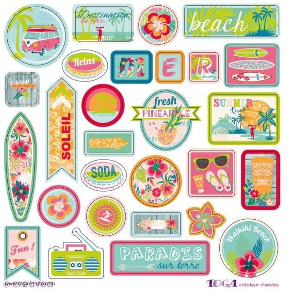 Stickers Waikiki Beach - 1 planche 15 x 15 cm - 28 autocollants époxy - Photo n°2