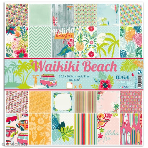 Papier scrapbooking Waikiki Beach - 6 feuilles - 30,5 x 30,5 cm - Recto Verso - Photo n°1