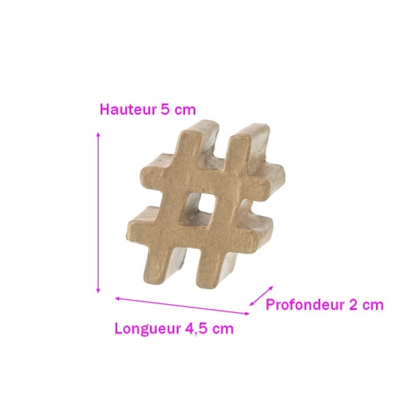 Petit Signe Hashtag en papier mâché, Symbole dièse carton 3D, 5x4.5x2 cm - Photo n°1