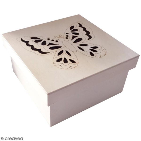 Boîte carrée en bois avec couvercle papillon - 14,5 cm - Photo n°1