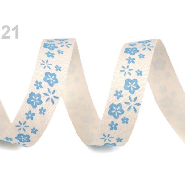 22,5 m Bleu Azur de la Fleur de Coton, Ruban Largeur 15mm Imprimé Étoiles, Papillon, Oiseau, Hibou, - Photo n°1