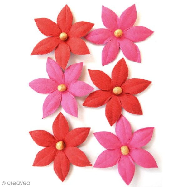 Fleurs en papier 4,5 cm avec perle - Cerise Pink - 6 pcs - Photo n°1