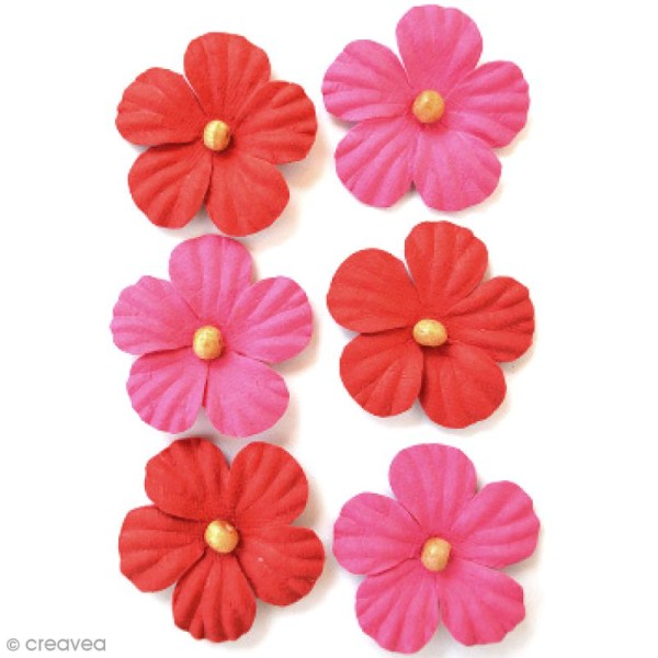 Fleurs en papier 3,5 cm avec perle - Cerise Pink - 6 pcs - Photo n°1