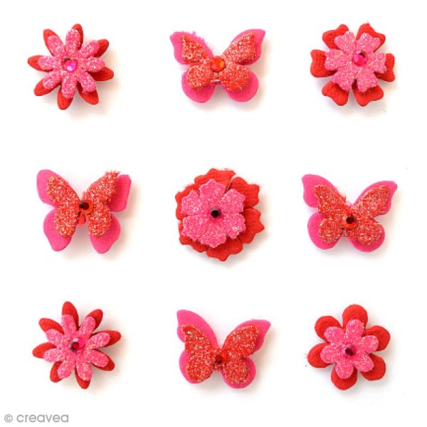 Papillons et fleurs pailletés 2 cm - Cerise Pink - 9 pcs - Photo n°1