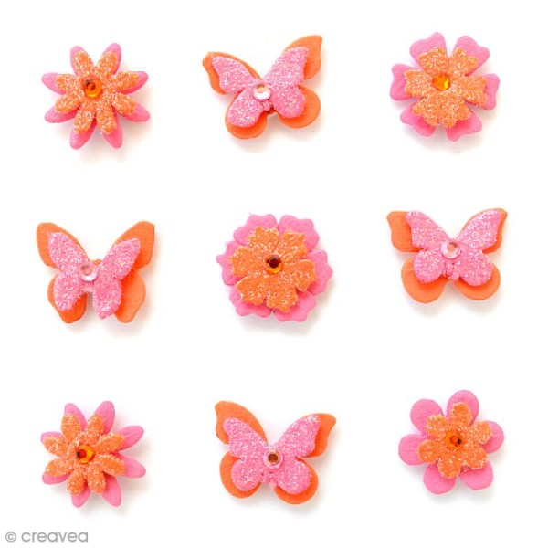 Papillons et fleurs pailletés 2 cm - Scarlet Blush - 9 pcs - Photo n°1