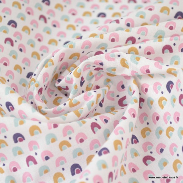 Tissu coton imprimé arc en ciel moutarde, prune et rose - Photo n°2