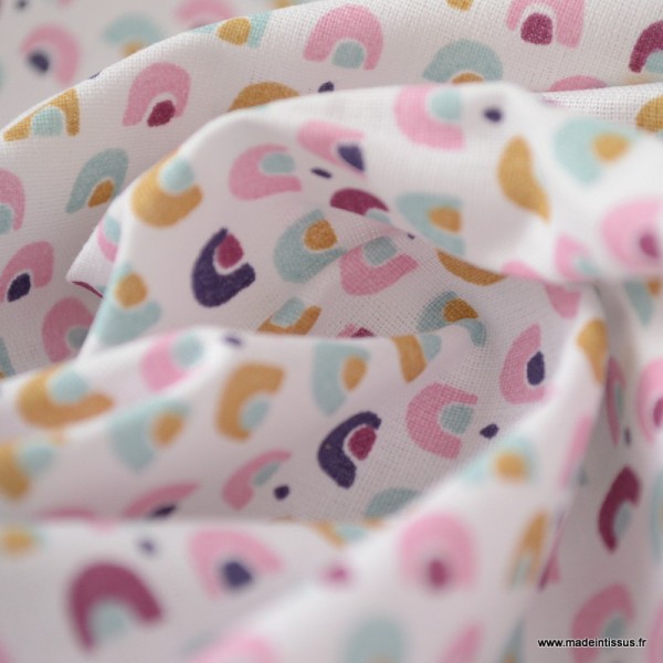 Tissu coton imprimé arc en ciel moutarde, prune et rose - Photo n°3