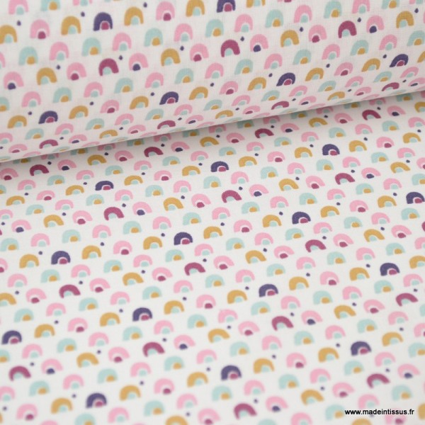 Tissu coton imprimé arc en ciel moutarde, prune et rose - Photo n°1