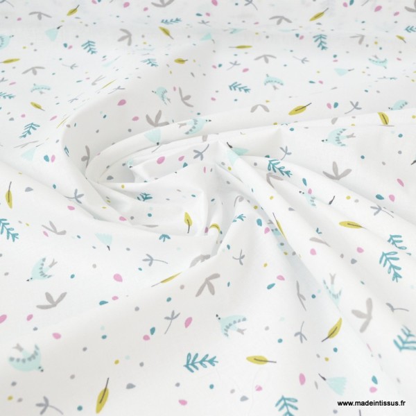 Tissu coton imprimé feuilles et oiseaux bleu, moutarde et rose - Photo n°2