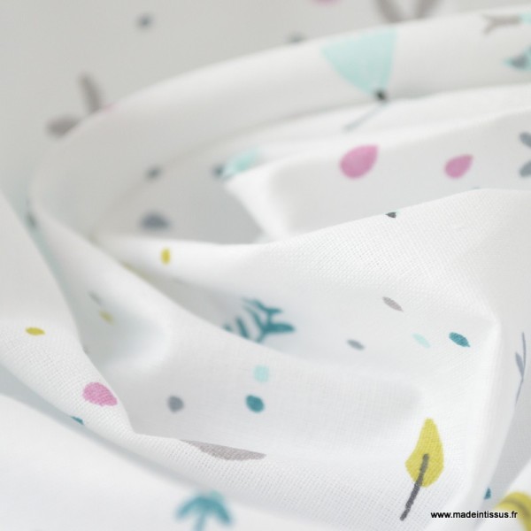 Tissu coton imprimé feuilles et oiseaux bleu, moutarde et rose - Photo n°3