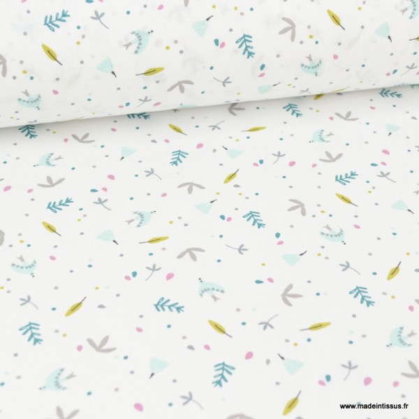 Tissu coton imprimé feuilles et oiseaux bleu, moutarde et rose - Photo n°1