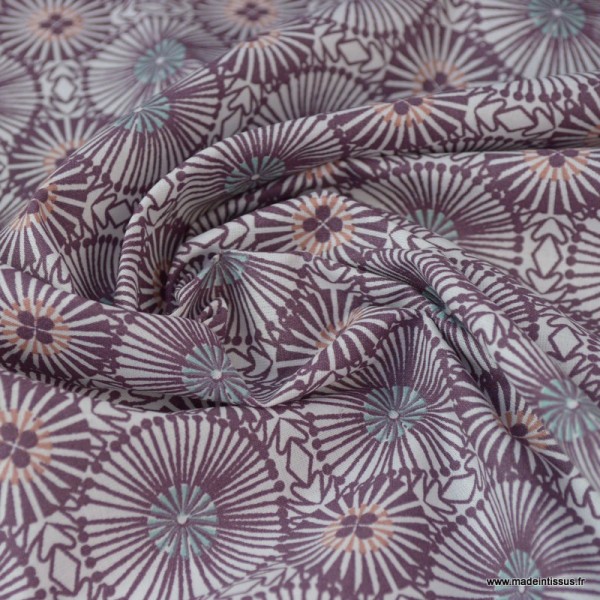 Tissu coton imprimé cercles géométriques Prune et Menthe - Photo n°2
