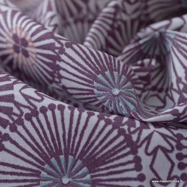 Tissu coton imprimé cercles géométriques Prune et Menthe - Photo n°3