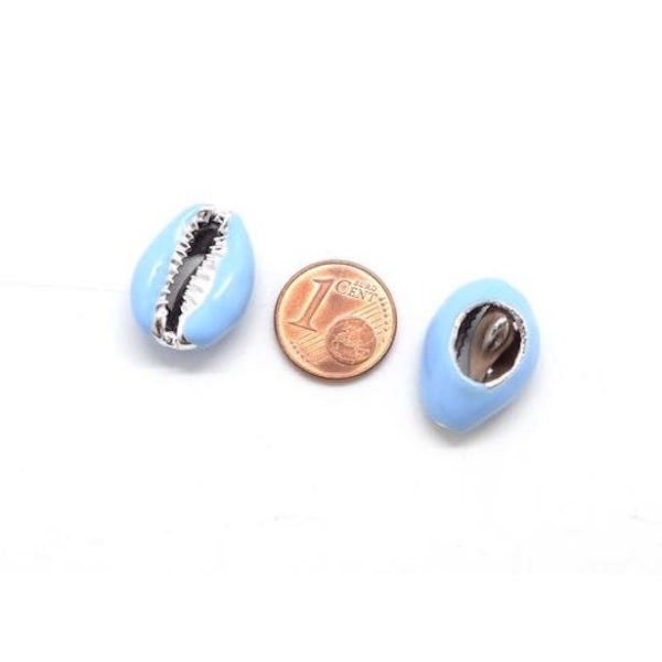 Perle Coquillage Cauris Argenté Et Bleu Ciel 20mm - 25mm - Photo n°3