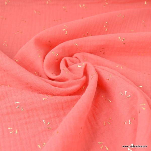 Tissu Double gaze coton Glitter éclats dorés coloris Corail. x1m - Photo n°2