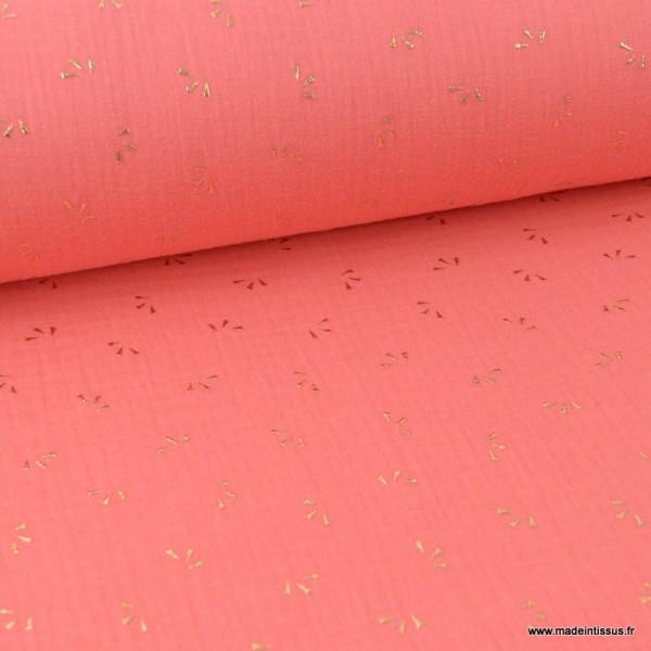 Tissu Double gaze coton Glitter éclats dorés coloris Corail. x1m - Photo n°1
