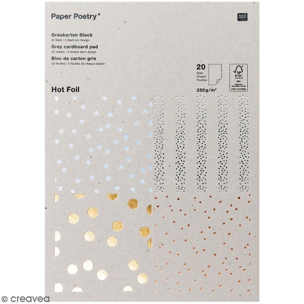 Bloc papier gris Hot foil - Pois et étoiles - 21 x 29 cm - 20 feuilles - Photo n°1