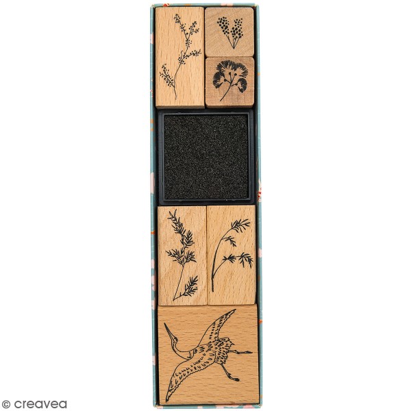 Set tampons en bois - Grue japonaise - 6 tampons et 1 encreur - Photo n°1