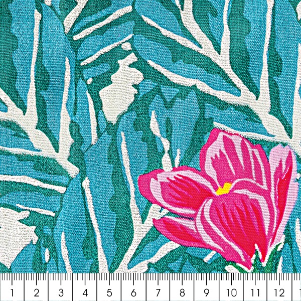 Tissu Coton léger à la coupe - Magnolias sur fond vert - Détails Métallisés - Par 10 cm - Photo n°3