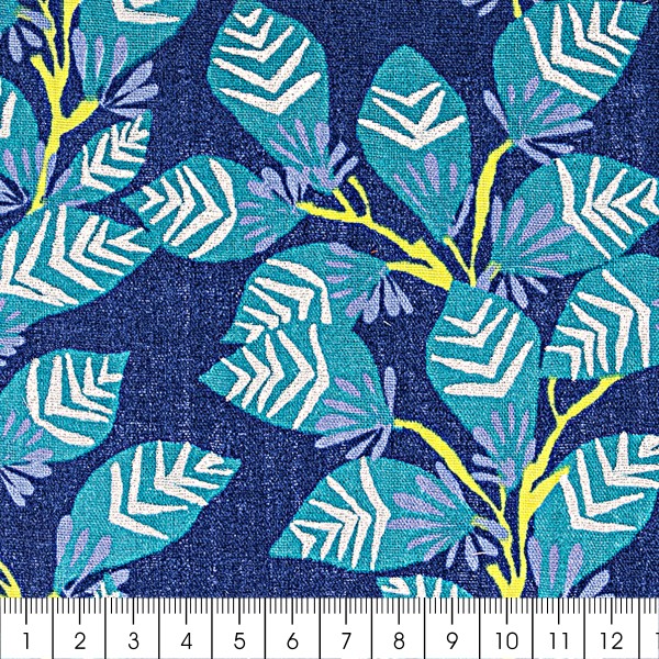 Tissu Coton léger à la coupe - Feuillage sur fond bleu foncé - Détails Métallisés - Par 10 cm - Photo n°3