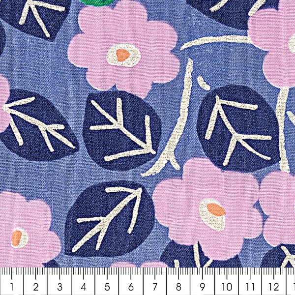 Tissu Coton léger à la coupe - Fleurs roses sur fond violet - Détails Métallisés - Par 10 cm - Photo n°3