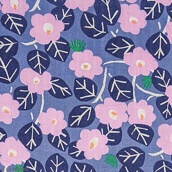 Tissu Coton léger à la coupe - Fleurs roses sur fond violet - Détails Métallisés - Par 10 cm - Photo n°1