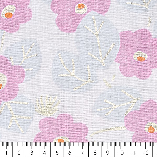 Tissu Coton léger à la coupe - Fleurs roses sur fond rose pâle - Détails Métallisés - Par 10 cm - Photo n°3