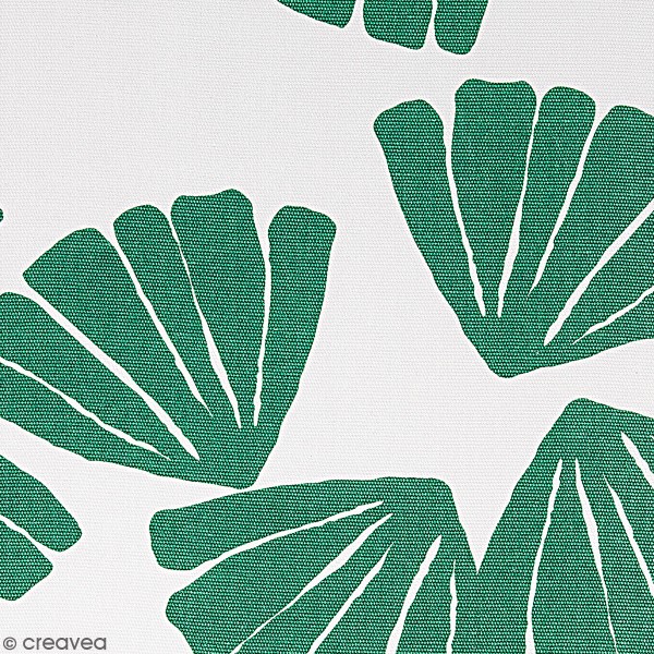 Tissu Toile coton épais à la coupe - Feuilles vertes - Fond blanc - Par 10 cm - Photo n°1