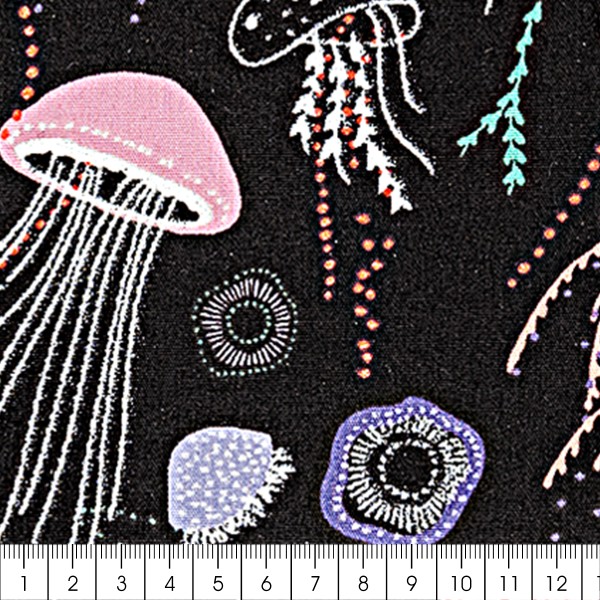 Tissu Coton léger à la coupe - Méduses sur fond noir - Détails Métallisés - Par 10 cm - Photo n°3