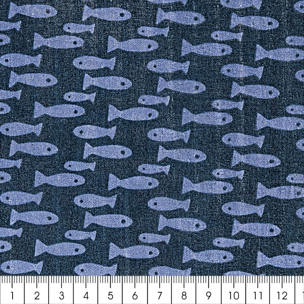 Tissu Coton léger à la coupe - Poissons bleus sur fond bleu foncé - Par 10 cm - Photo n°3