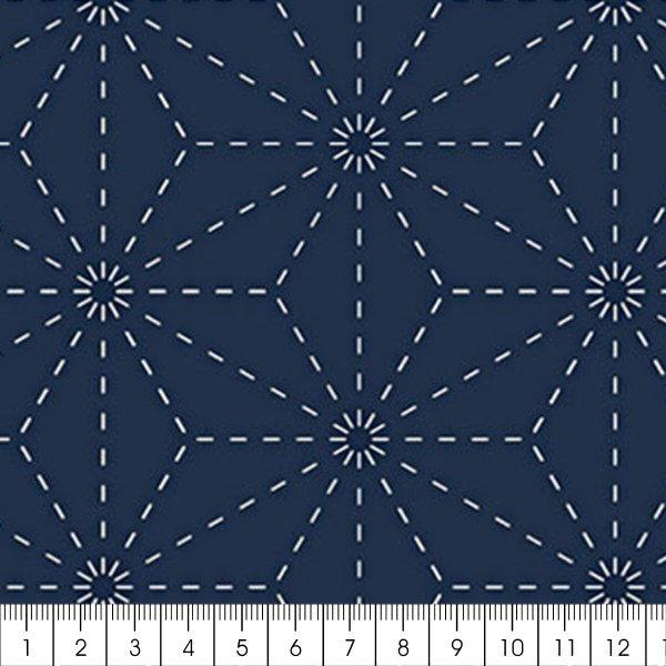 Tissu Toile coton à la coupe - Etoiles Sashiko sur fond bleu foncé - Par 10 cm - Photo n°2