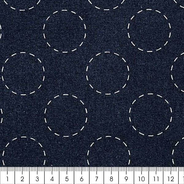 Tissu Toile coton à la coupe - Ronds Sashiko sur fond bleu foncé - Par 10 cm - Photo n°3
