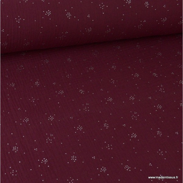 Tissu Double gaze coton Glitter pluie d'éclats Argentés coloris Prune. x1m - Photo n°3