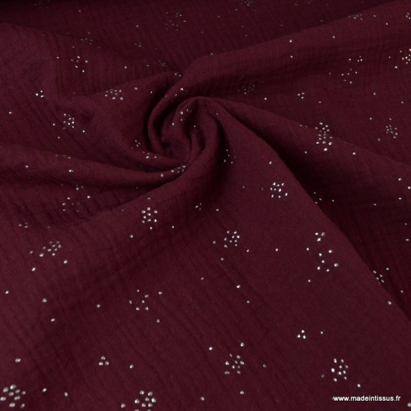 Tissu Double gaze coton Glitter pluie d'éclats Argentés coloris Prune. x1m - Photo n°4