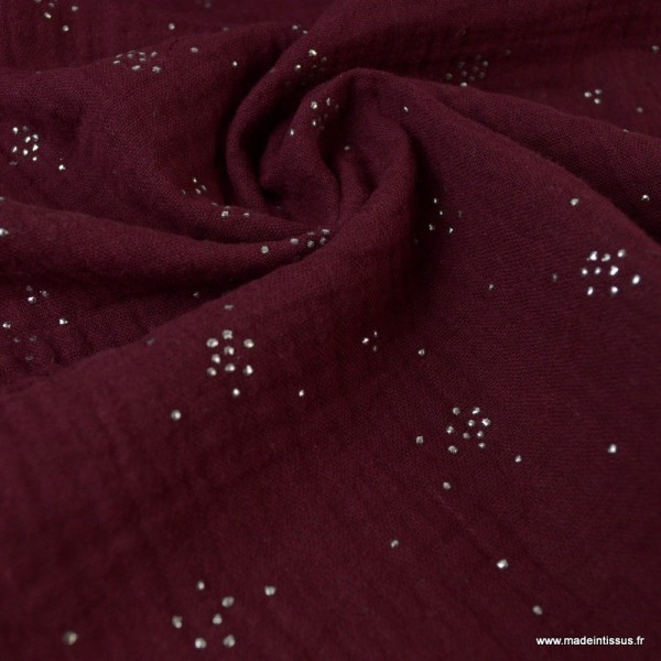 Tissu Double gaze coton Glitter pluie d'éclats Argentés coloris Prune. x1m - Photo n°1
