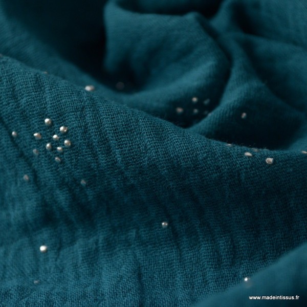 Tissu Double gaze Zealor coton Glitter pluie d'éclats Argentés coloris Vert paon. x1m - Photo n°2