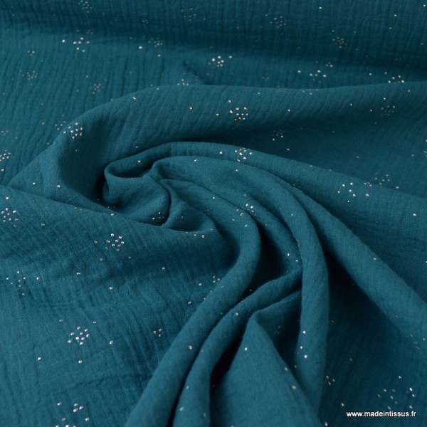 Tissu Double gaze Zealor coton Glitter pluie d'éclats Argentés coloris Vert paon. x1m - Photo n°3