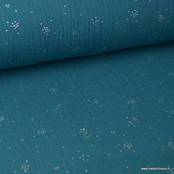 Tissu Double gaze Zealor coton Glitter pluie d'éclats Argentés coloris Vert paon. x1m - Photo n°1