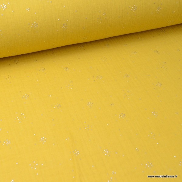 Tissu Double gaze coton Glitter pluie d'éclats Argentés coloris Moutarde. x1m - Photo n°2