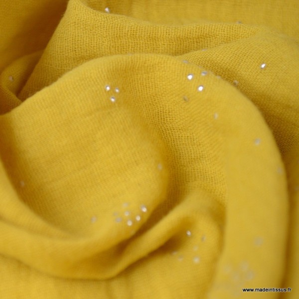 Tissu Double gaze coton Glitter pluie d'éclats Argentés coloris Moutarde. x1m - Photo n°1