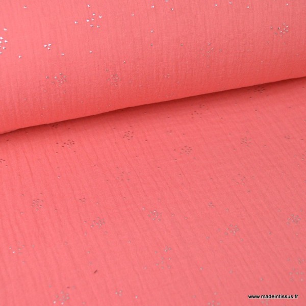 Tissu Double gaze coton Glitter pluie d'éclats Argentés coloris Corail. x1m - Photo n°2