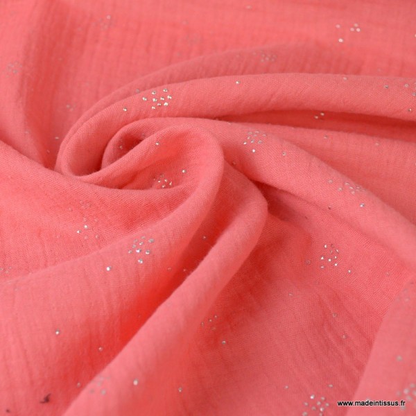 Tissu Double gaze coton Glitter pluie d'éclats Argentés coloris Corail. x1m - Photo n°3
