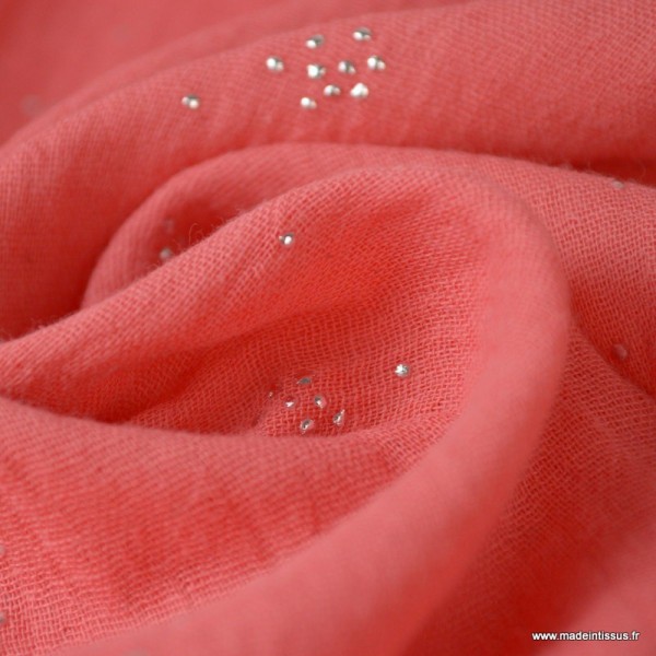 Tissu Double gaze coton Glitter pluie d'éclats Argentés coloris Corail. x1m - Photo n°1