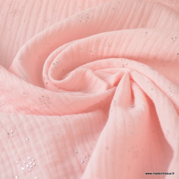 Tissu Double gaze coton Glitter pluie d'éclats Argentés coloris Rose Blush. x1m - Photo n°2